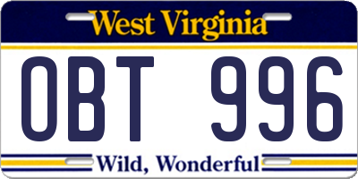 WV license plate OBT996