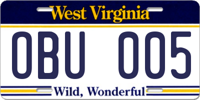 WV license plate OBU005