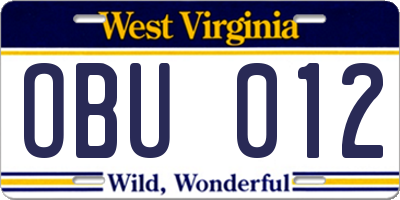 WV license plate OBU012