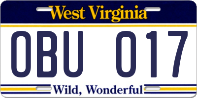 WV license plate OBU017