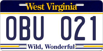 WV license plate OBU021