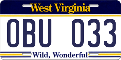 WV license plate OBU033
