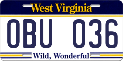 WV license plate OBU036