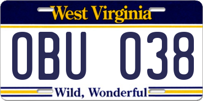 WV license plate OBU038