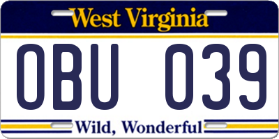 WV license plate OBU039