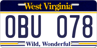 WV license plate OBU078