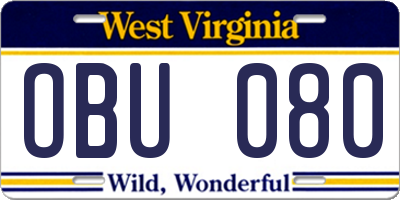 WV license plate OBU080