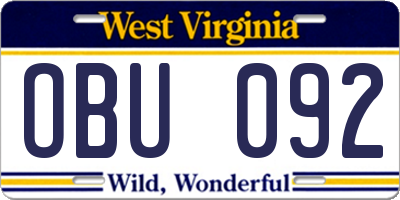 WV license plate OBU092