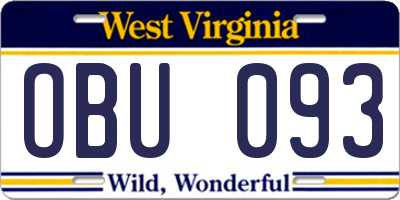 WV license plate OBU093
