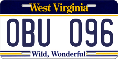 WV license plate OBU096