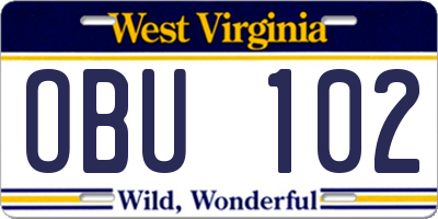 WV license plate OBU102