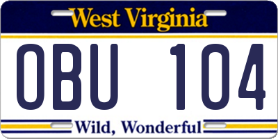 WV license plate OBU104