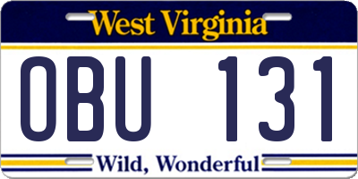 WV license plate OBU131