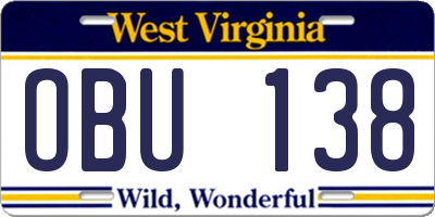 WV license plate OBU138