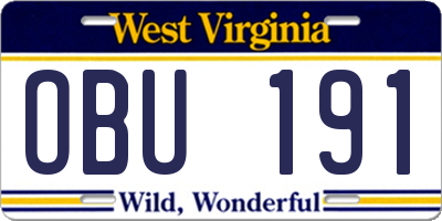 WV license plate OBU191