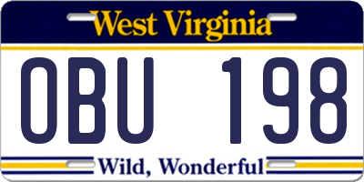 WV license plate OBU198