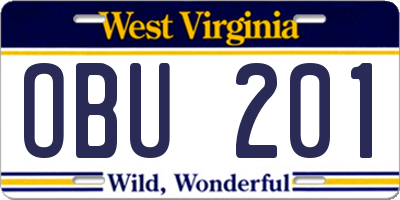 WV license plate OBU201