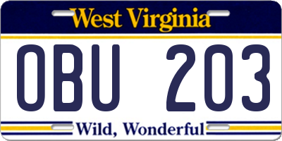 WV license plate OBU203