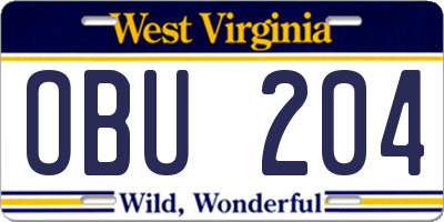 WV license plate OBU204