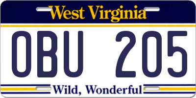 WV license plate OBU205