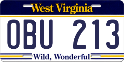 WV license plate OBU213