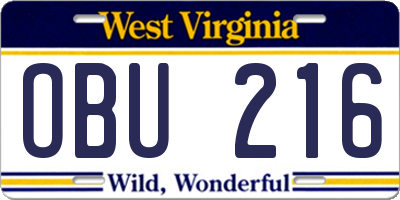 WV license plate OBU216