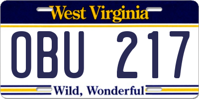 WV license plate OBU217