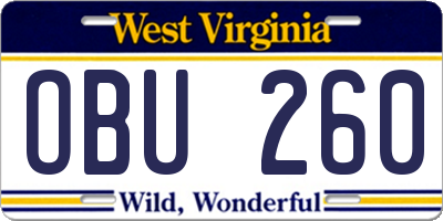 WV license plate OBU260