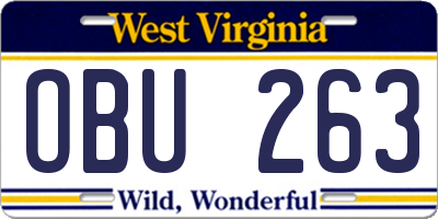 WV license plate OBU263