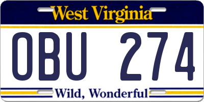 WV license plate OBU274