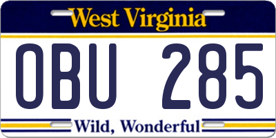 WV license plate OBU285