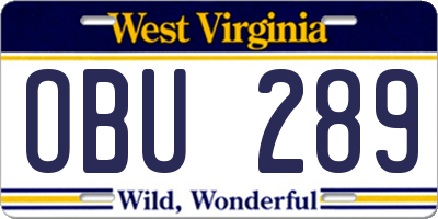 WV license plate OBU289