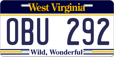 WV license plate OBU292