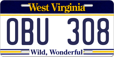 WV license plate OBU308