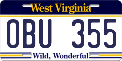 WV license plate OBU355