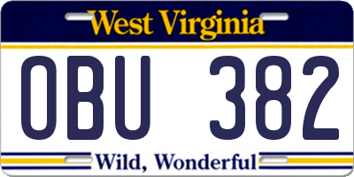 WV license plate OBU382