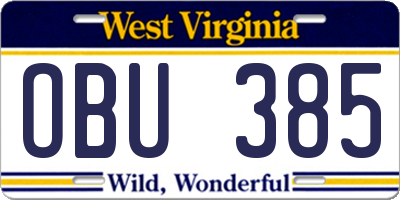 WV license plate OBU385