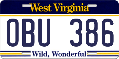 WV license plate OBU386