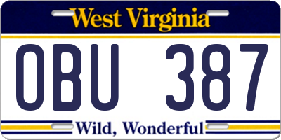 WV license plate OBU387