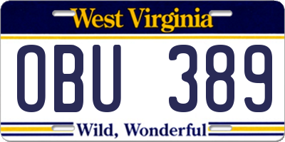 WV license plate OBU389
