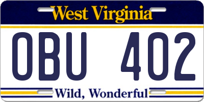 WV license plate OBU402