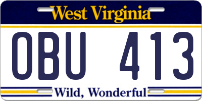 WV license plate OBU413