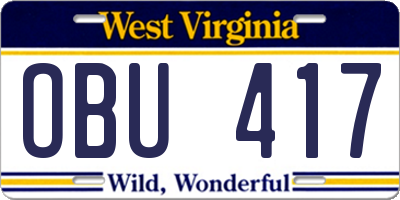 WV license plate OBU417