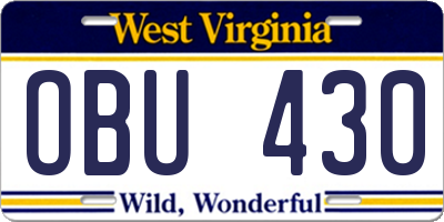 WV license plate OBU430