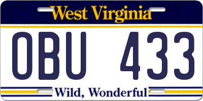 WV license plate OBU433
