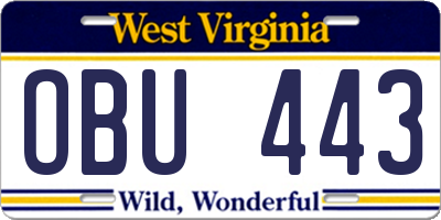 WV license plate OBU443