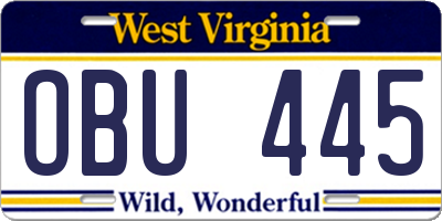 WV license plate OBU445