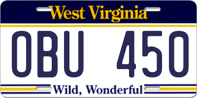 WV license plate OBU450