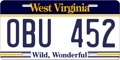 WV license plate OBU452