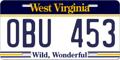 WV license plate OBU453